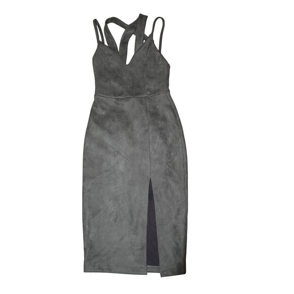 GB Green Faux Suede Bodycon Midi Dress Cutout Cross Strap Slit Women’s XS - Picture 4 of 6